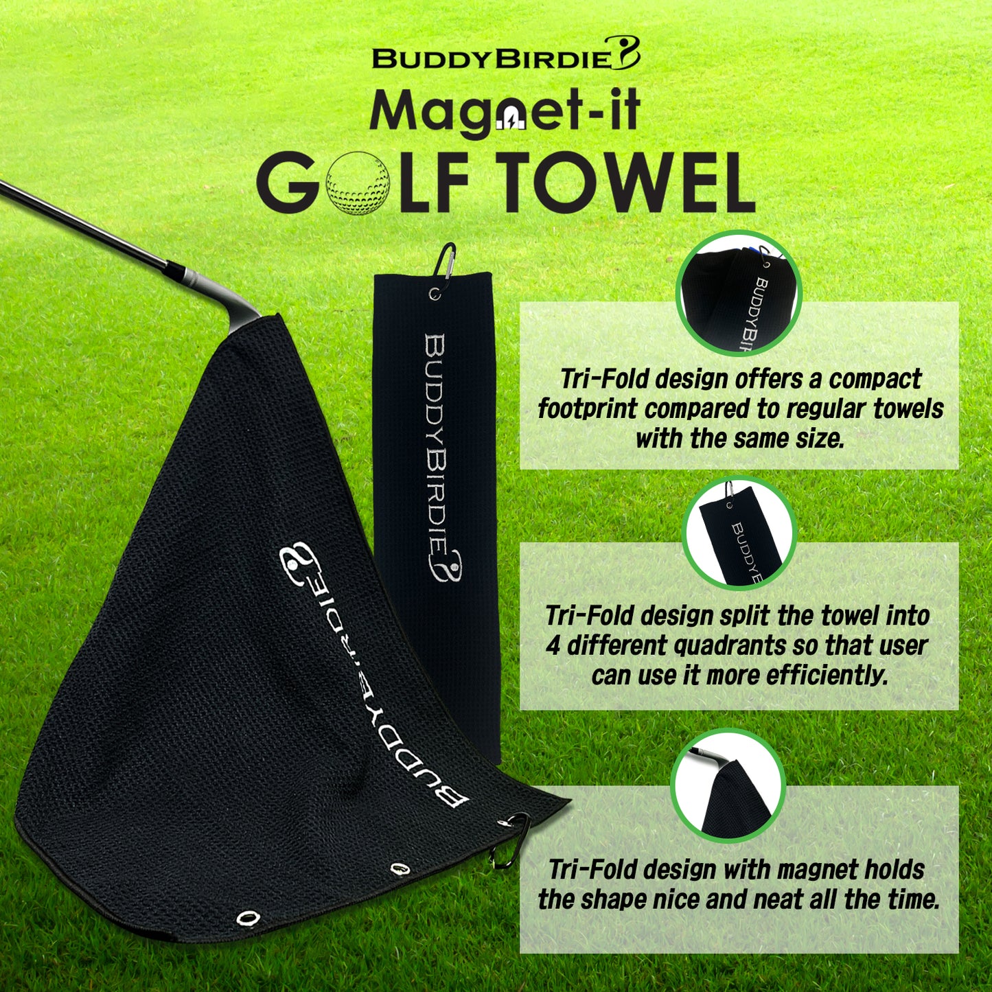 BUDDYBIRDIE Magnet-it Tri-Fold Golf Towel